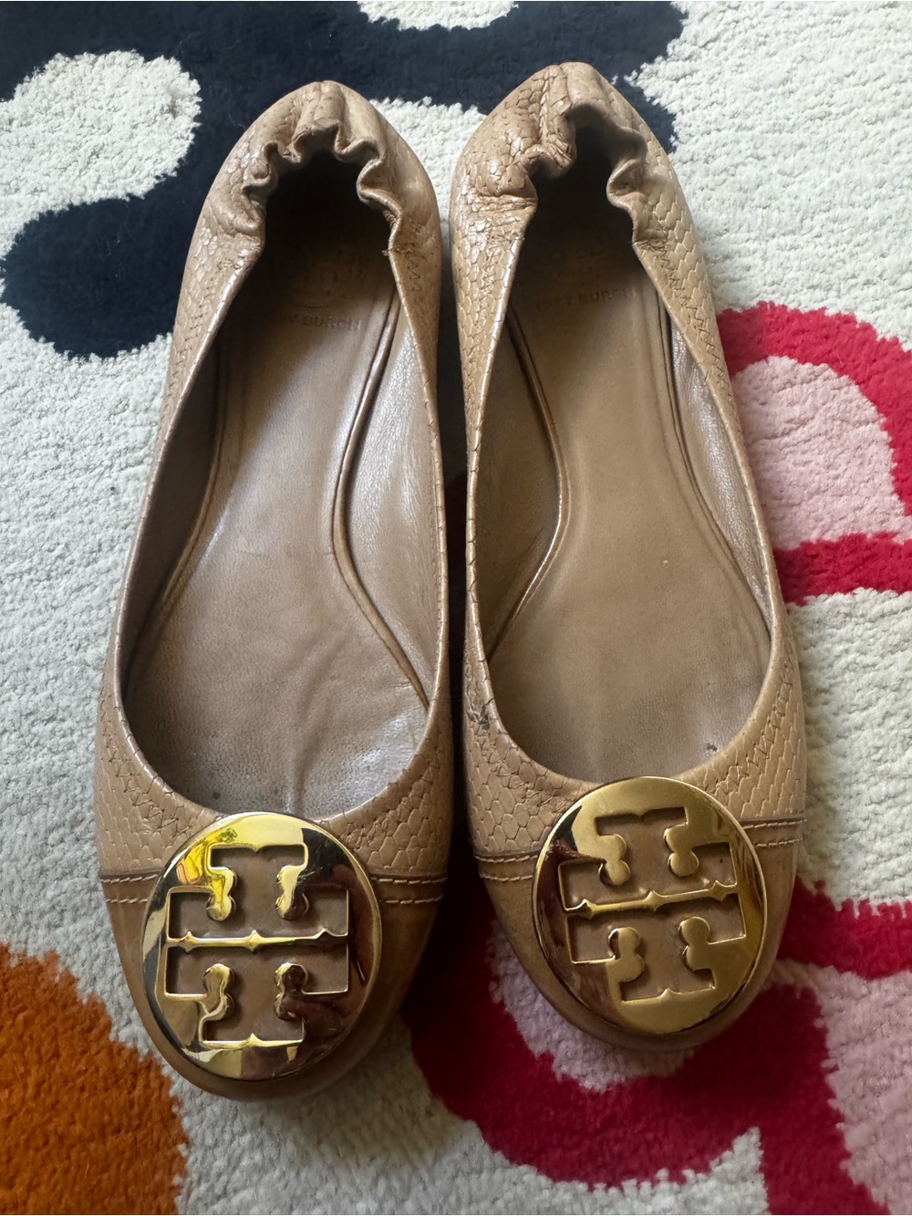Tory Burch Beige/Tan Leather Logo Ballet Flats
